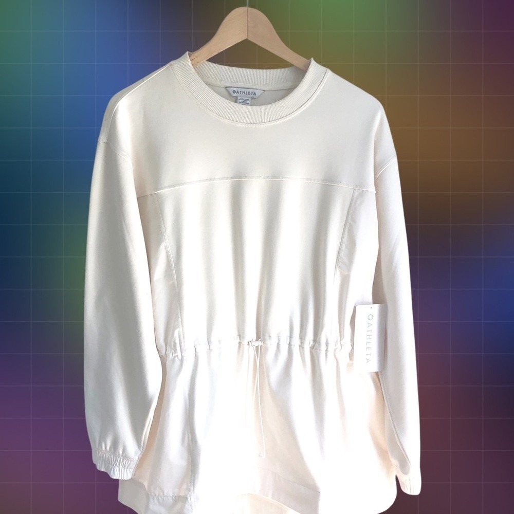 Athleta Triumph Hybrid Crewneck Sweatshirt Off White Large NWT Adjustable Waist - Picture 5 of 12